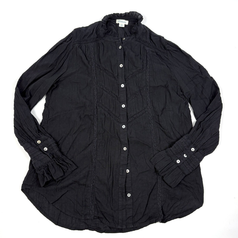 Sundance Madelaine Lace & Ruffle Button Up Shirt Womens Sz M Black Crinkle Cotto
